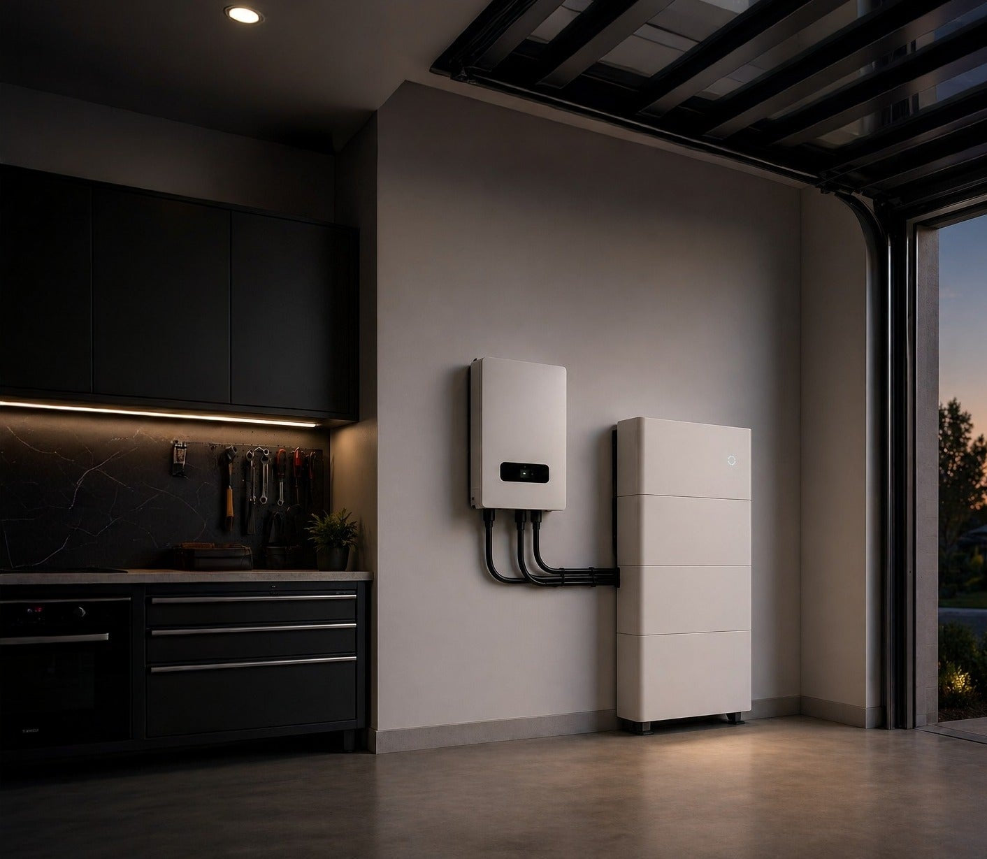 Indoor garage with inverter and battery storage system