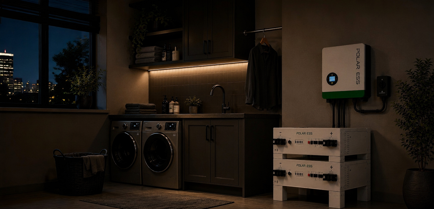 Dark laundry room with washing machine, dryer, and a power station.