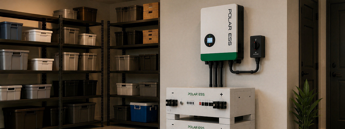 Polar ESS battery system mounted on a wall with storage shelves in the background