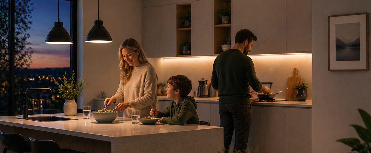 Family of three in a modern kitchen at night with warm lighting.