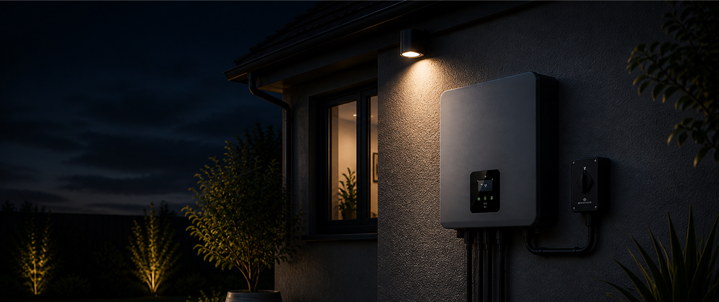 Inverter system on a house exterior wall at night