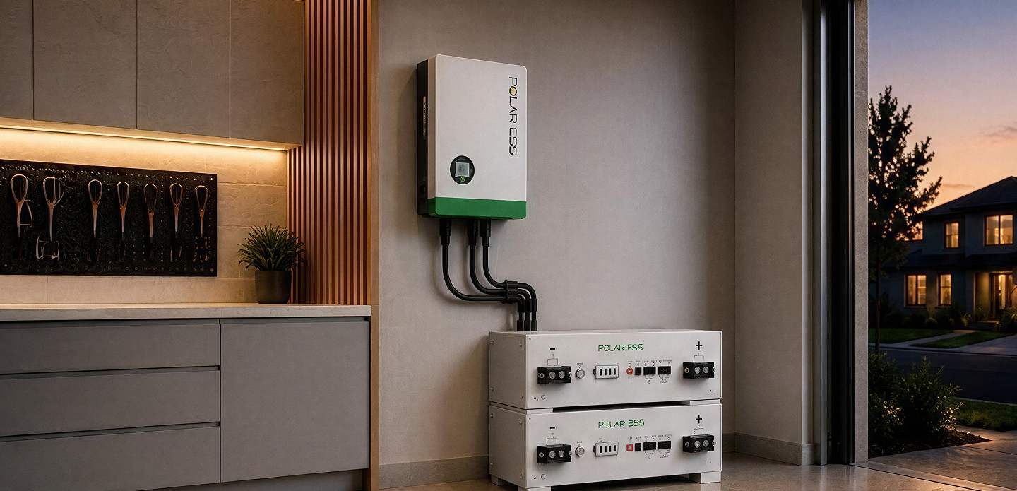 Polar ESS battery system installed on a wall with a modern interior setting.