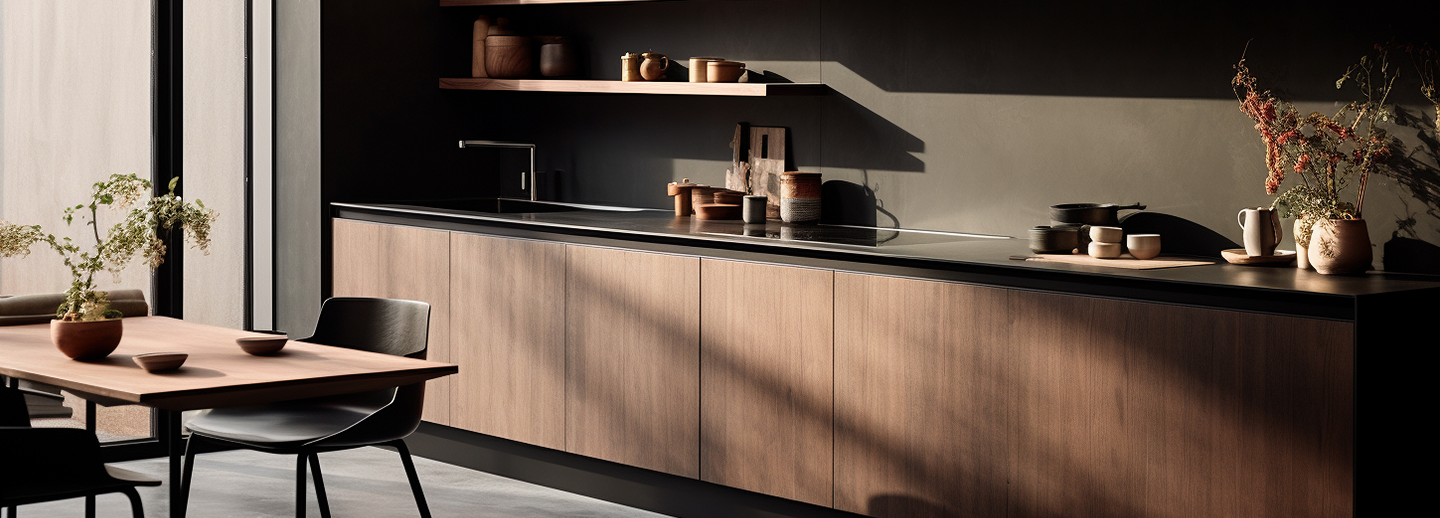 Modern kitchen on sunset